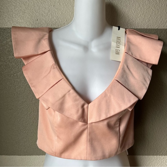 NWT NATASHA GAN Women’s 8 Designer Peach Pink Crop Top Elegant Ruffle V Neck - Picture 2 of 6